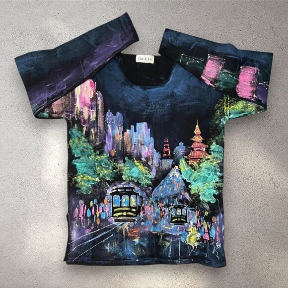 Lisa & Me Sweater Womens XL Hand Painted San Francisco Skyline Vintage Artsy Y2K - Picture 1 of 5